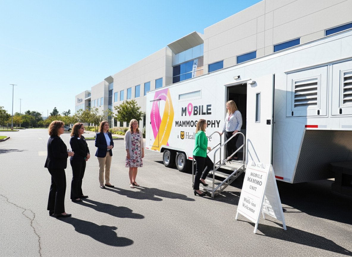 Modern mobile mammography van exterior showing accessibility features and branding.