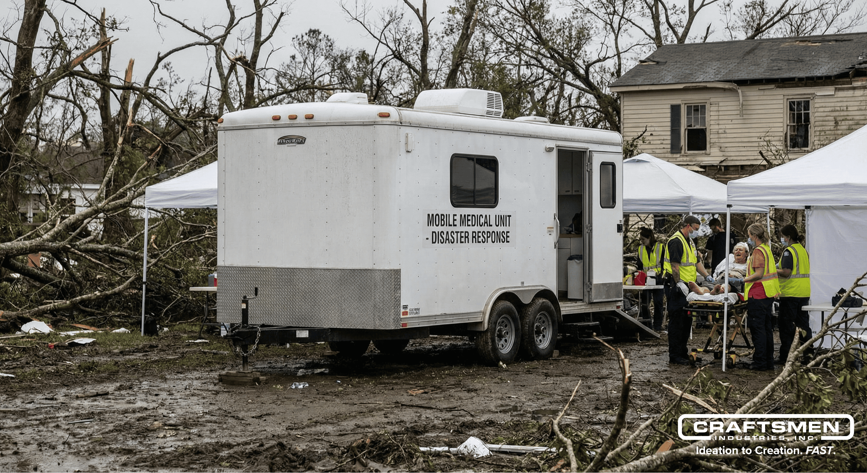 Medical trailer deployed in a disaster relief zone providing aid.