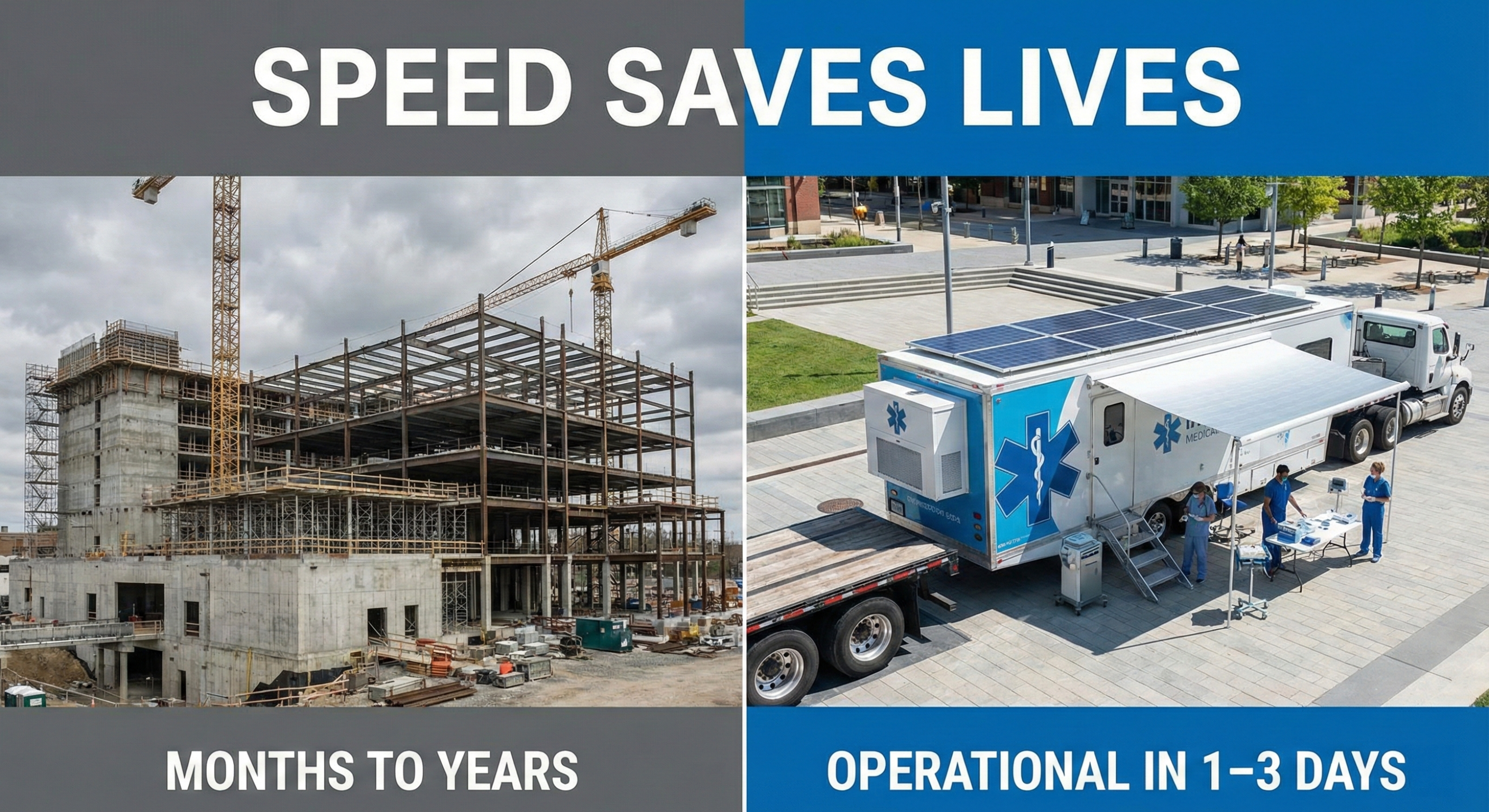 Comparison of hospital construction timeline versus rapid deployment of a medical trailer.