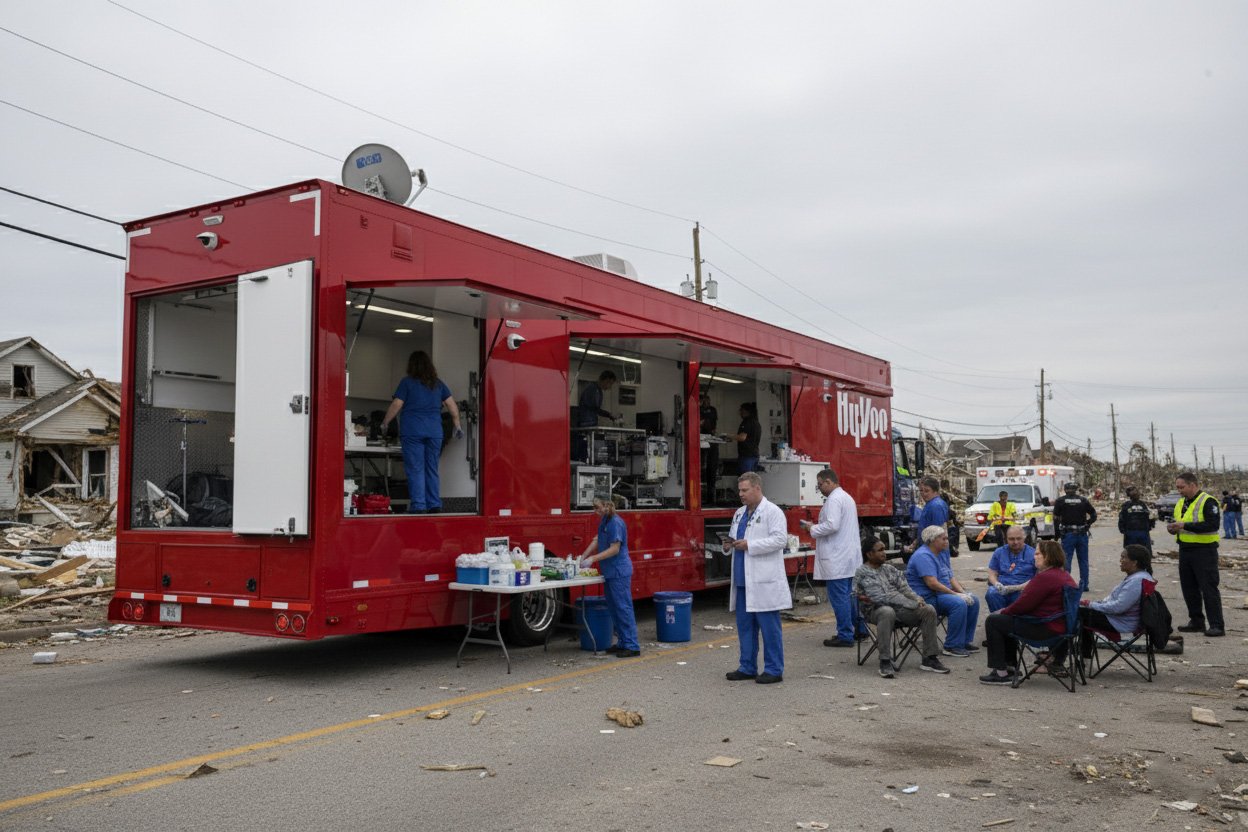 Mobile medical unit providing triage and emergency care during a disaster, demonstrating mobile healthcare support and interagency coordination.