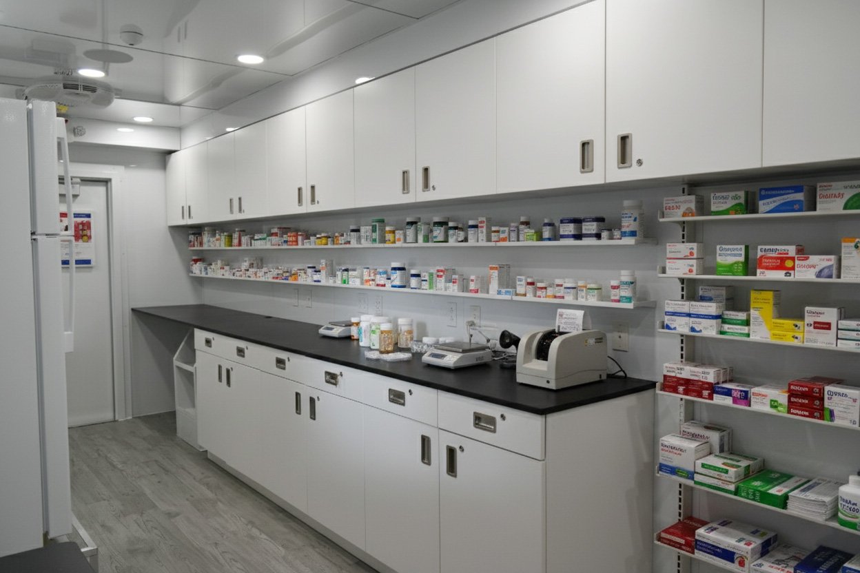 Interior of a mobile pharmacy displaying organized shelves, refrigeration, and secure storage for medications.