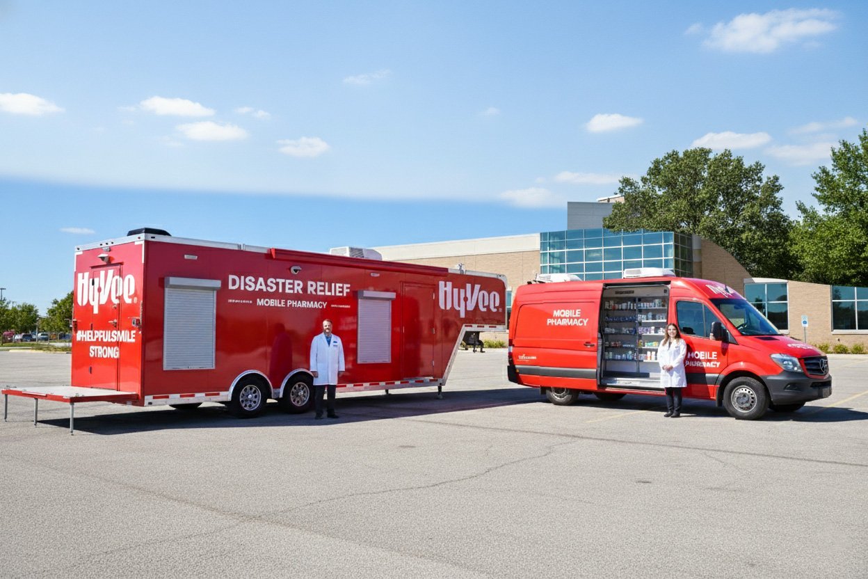 Van-based and trailer-based mobile pharmacy vehicles showing storage and service setup.