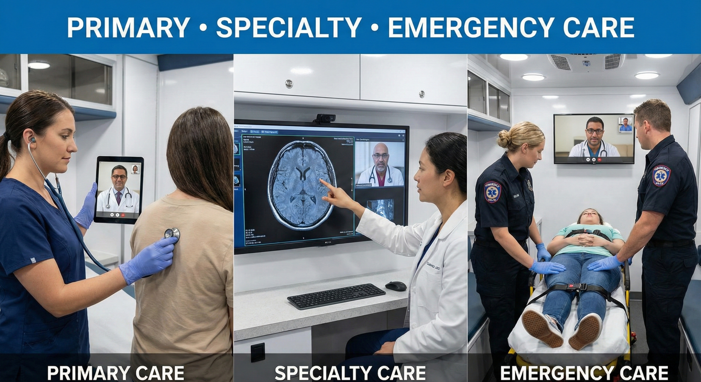 Collage showing primary care, specialist consultation, and emergency telemedicine inside a medical trailer.