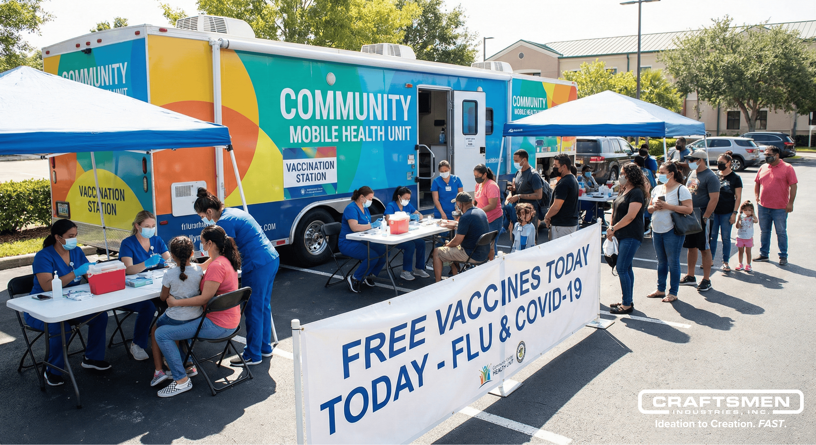 Community members receiving vaccines from a mobile trailer clinic.