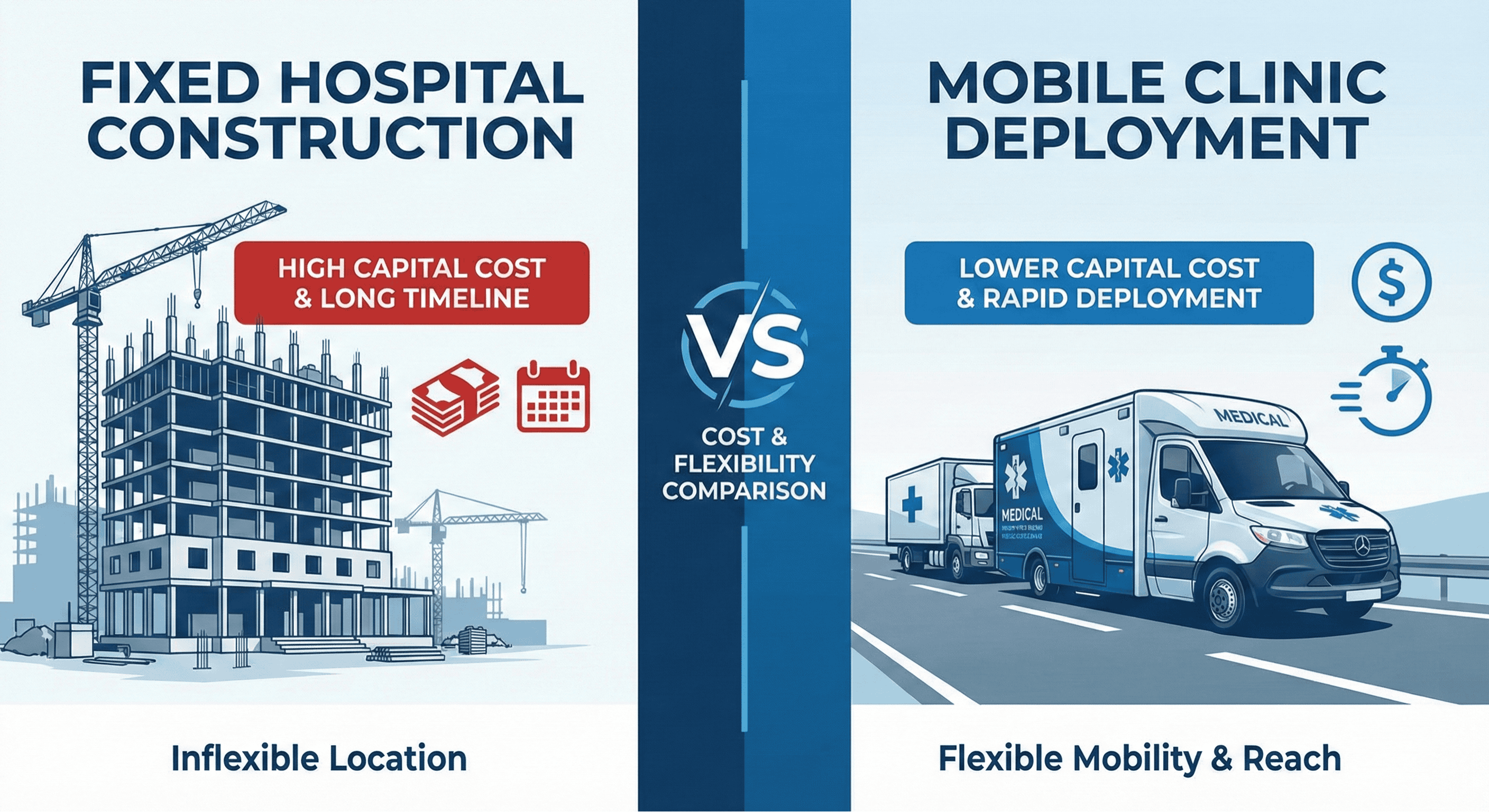 Side-by-side visual comparing mobile clinics to traditional hospital construction costs