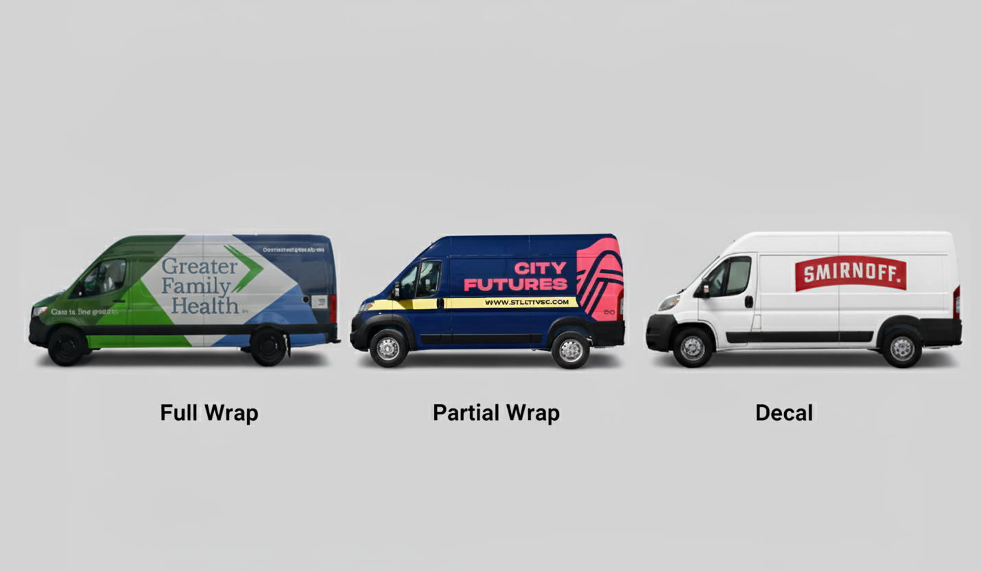 Comparison of spot decals, partial wraps, and full wraps on business vehicles.