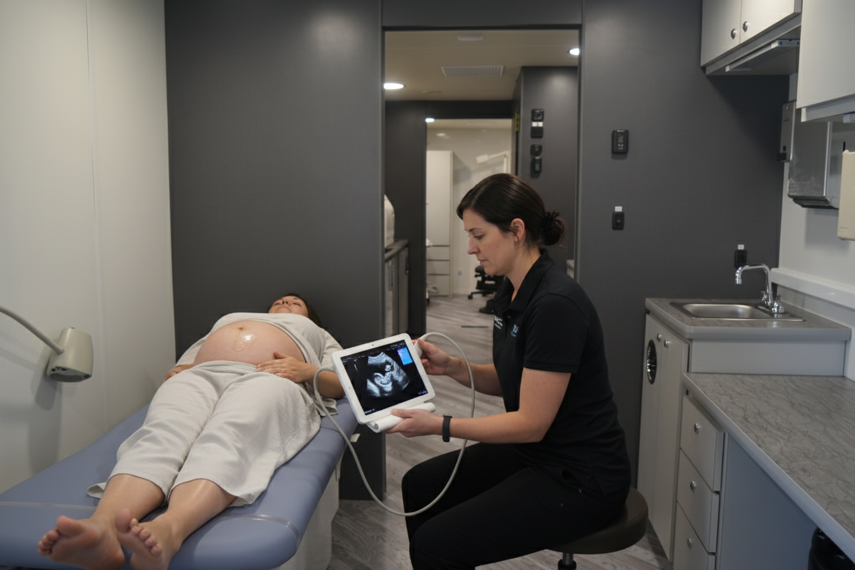 Portable imaging technology used inside a mobile medical RV for rapid diagnostics.