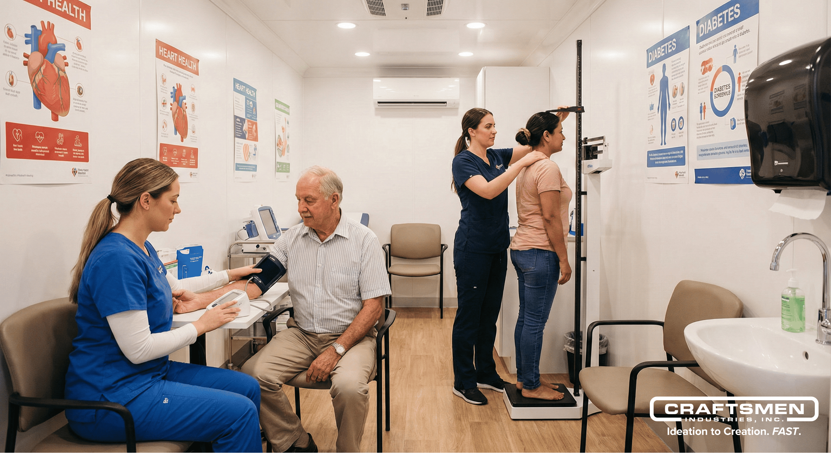 Patient receiving preventive health screening inside a medical trailer.