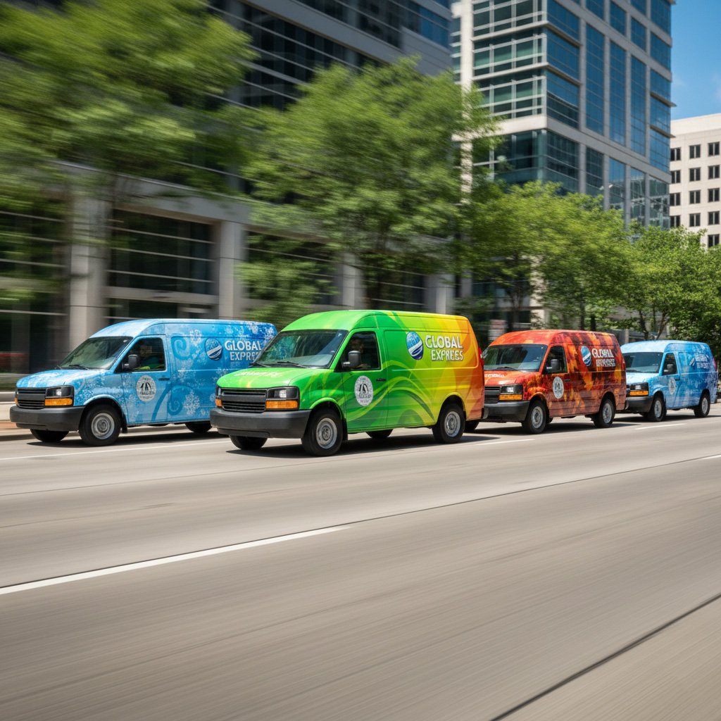 Fleet vehicles featuring colorful seasonal graphics driving through a city, highlighting the impact of timely and visually engaging marketing wraps.