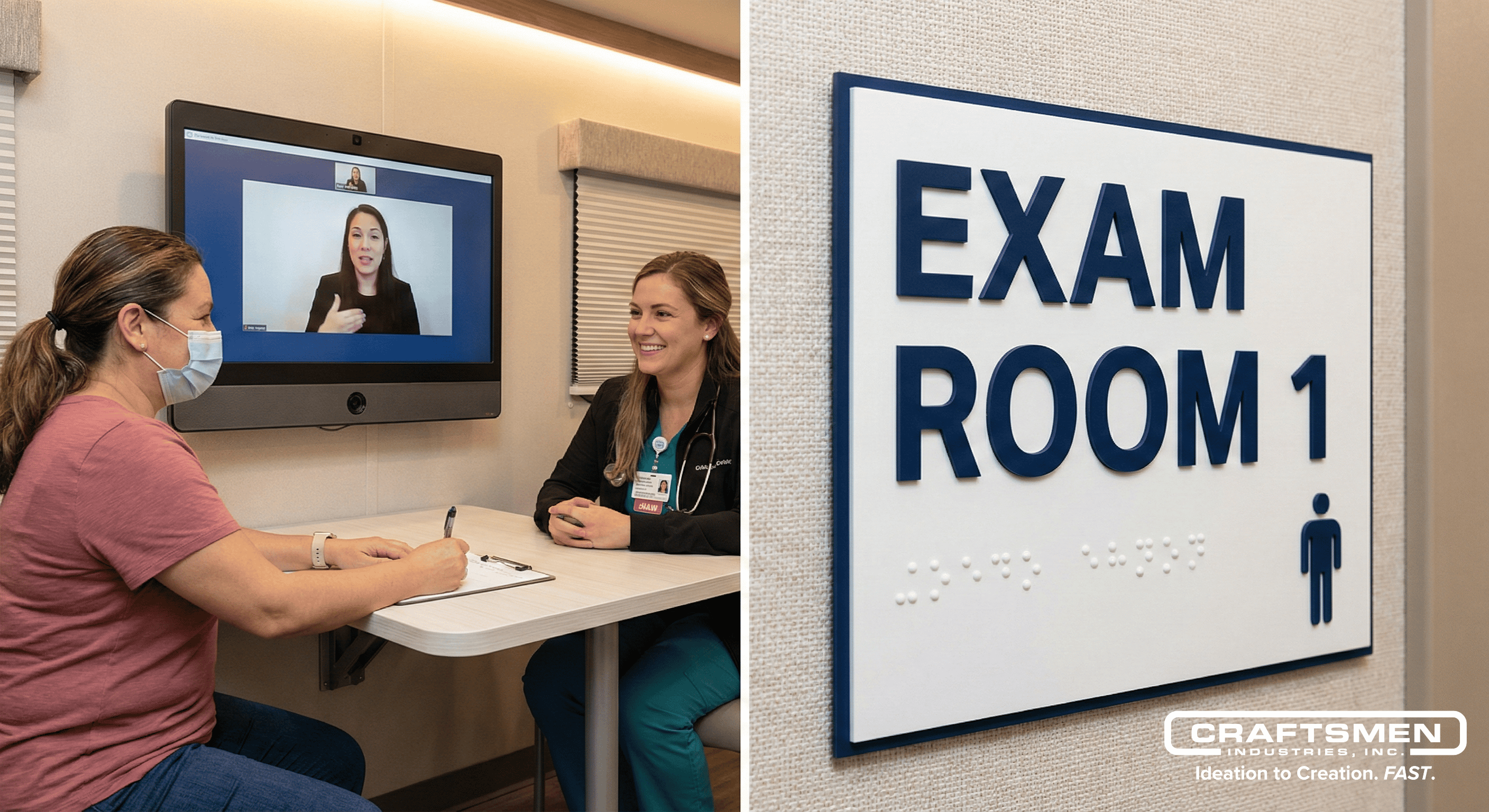 Telehealth session with sign language interpreter and high-contrast tactile signage inside a medical trailer.