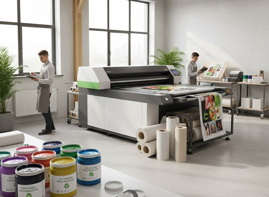 Sustainable large-format printing using recyclable materials and eco-friendly inks for environmentally conscious graphics production.