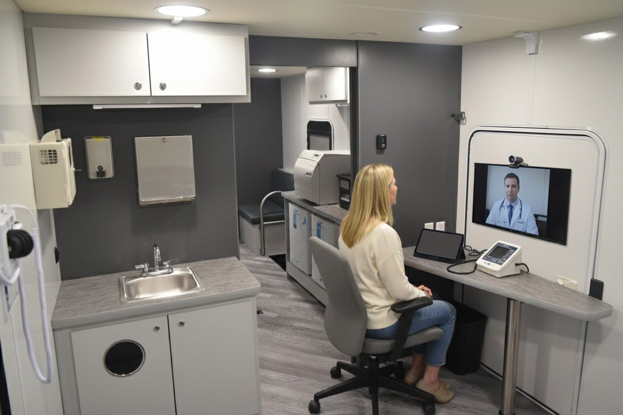 Telemedicine consultation booth inside a mobile medical RV with digital health tools