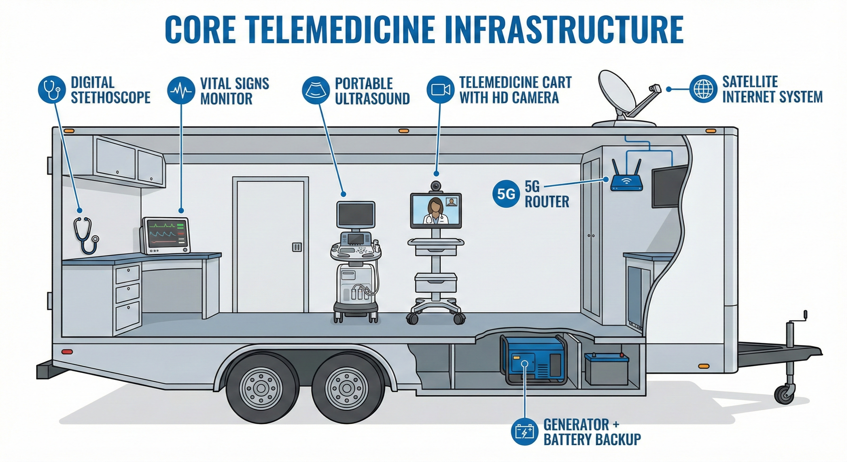 Diagram of medical trailer interior highlighting telemedicine equipment and connectivity systems.