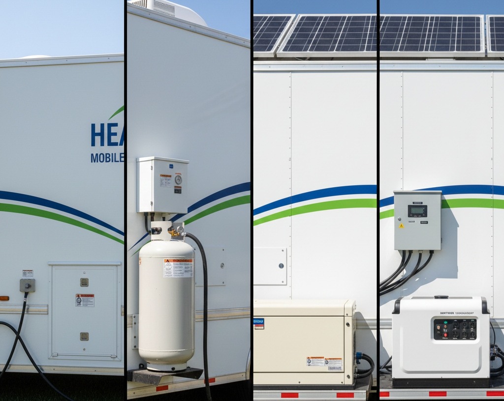 Comparison of diesel, propane, solar hybrid, and inverter generators for mobile healthcare units.
