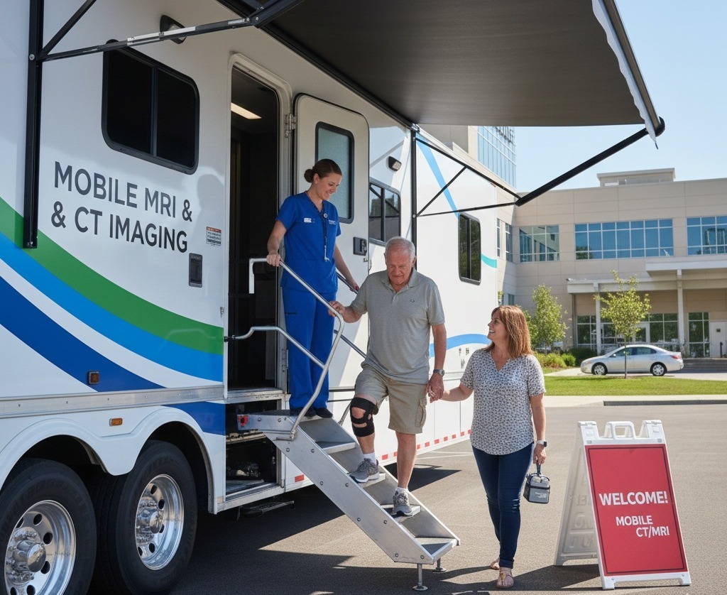 Patient accessing diagnostic services inside a mobile medical imaging trailer