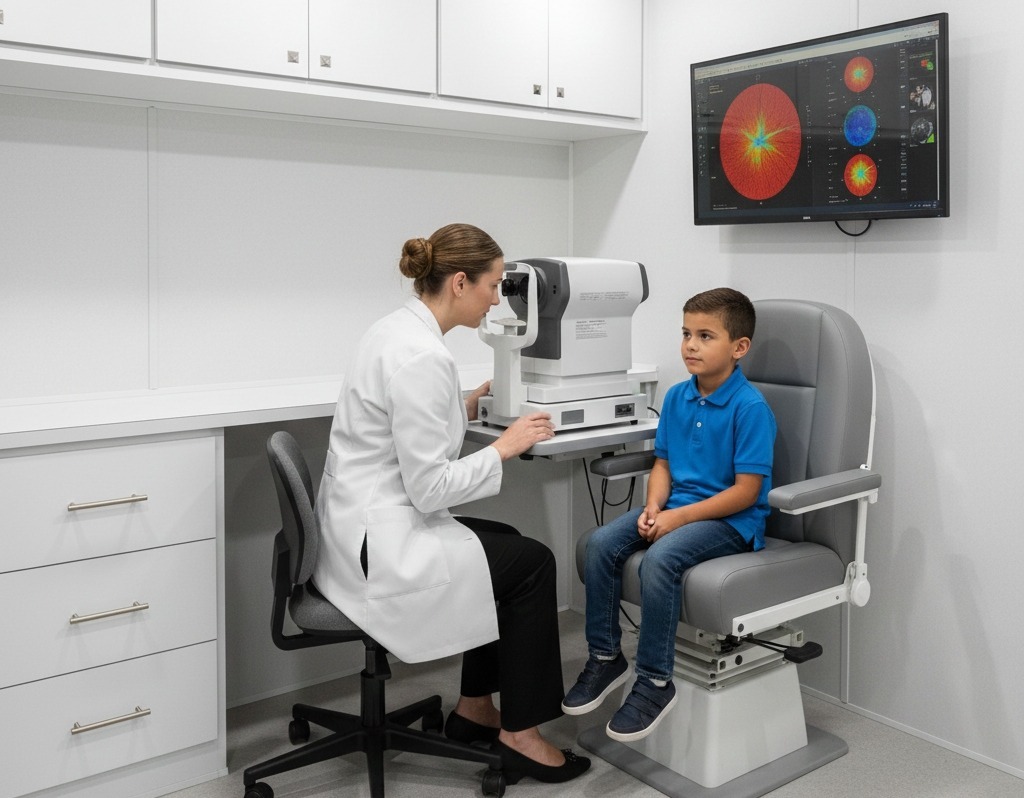 Optometrist conducting student vision screening inside a mobile eye clinic