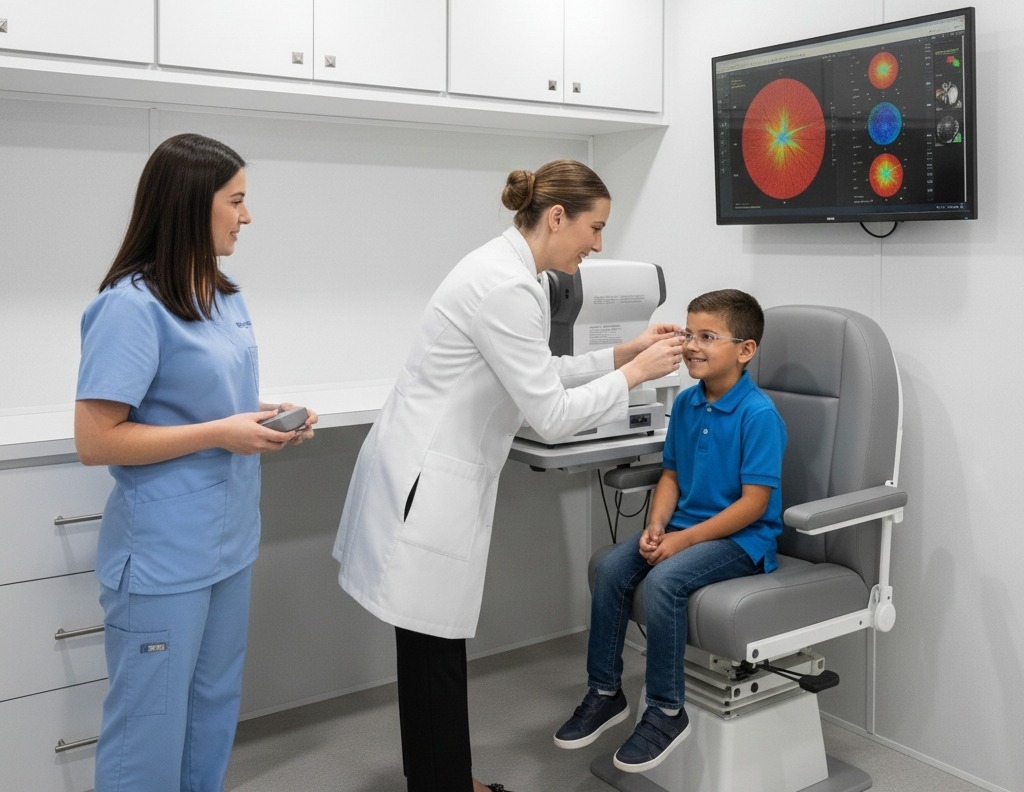 Student receiving prescription eyeglasses during a mobile school vision program