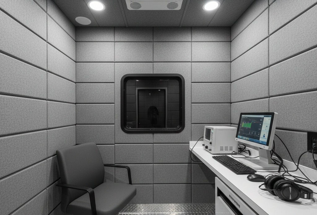 Sound-treated audiometric booth inside a mobile hearing clinic ensuring accurate