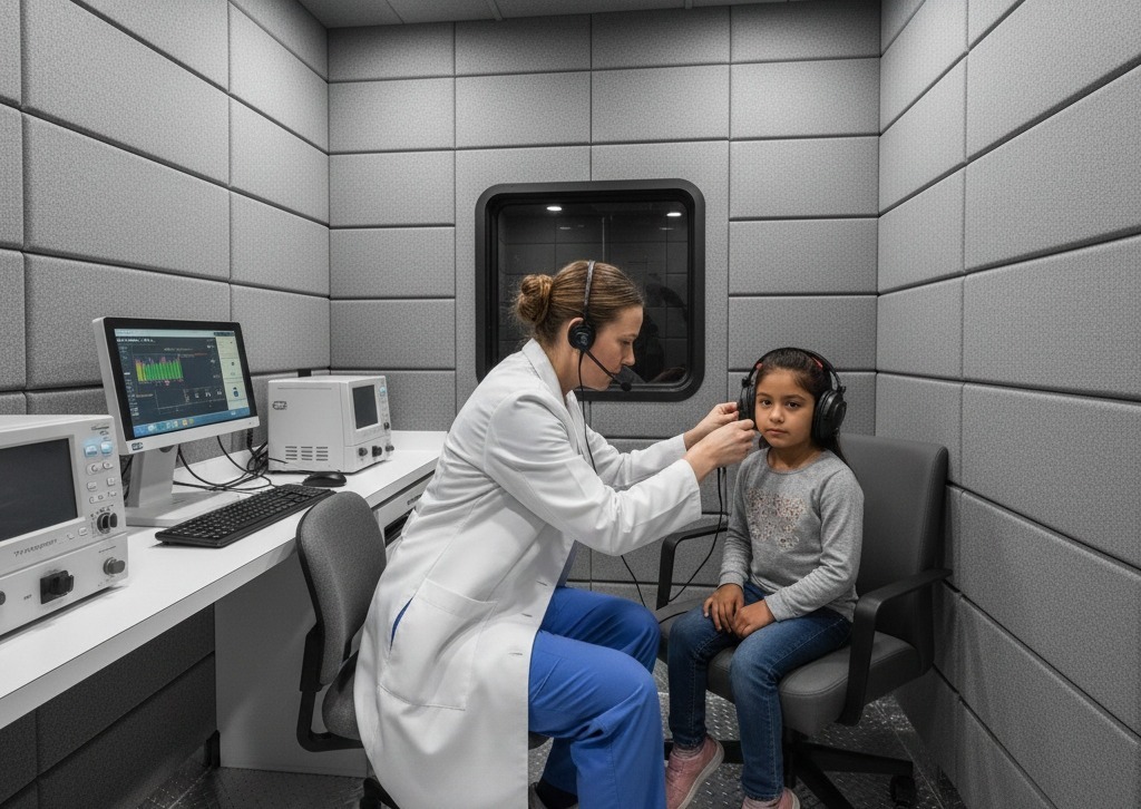 Mobile audiometric unit deployed at a workplace to provide employee hearing screenings for OSHA compliance