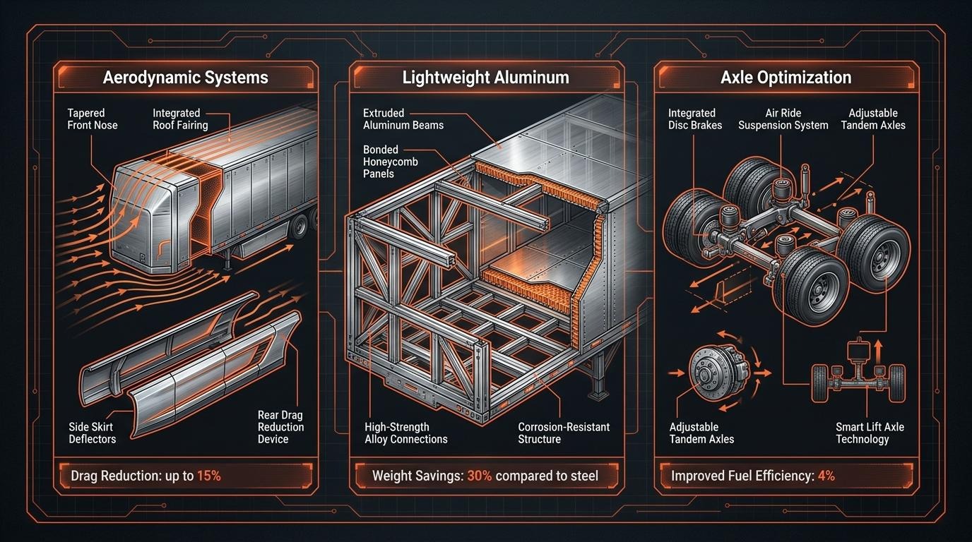 infographic of aerodynamic system, lightweight aluminum, axle optimization