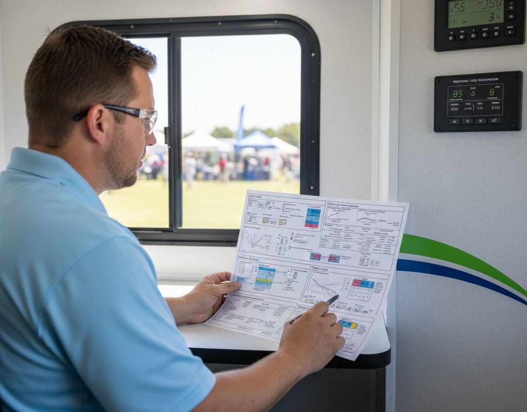 Technician reviewing electrical load analysis for power sizing in a mobile medical unit.