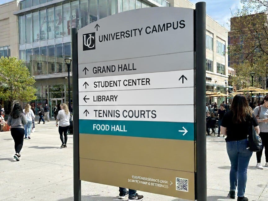 Directional environmental graphics and signage helping customers navigate a space efficiently and enhancing satisfaction.