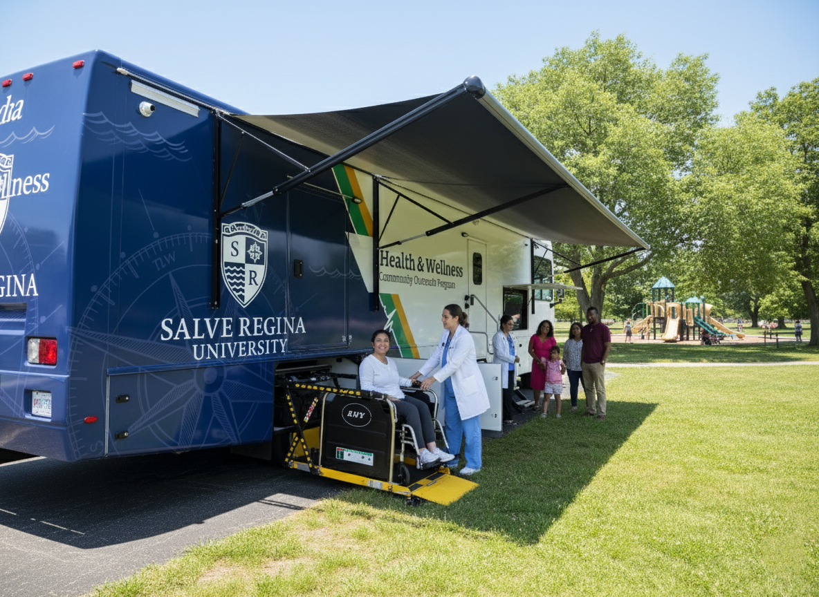 ADA-compliant mobile medical vehicle with wheelchair ramp for patient accessibility.