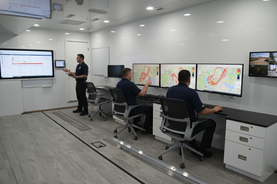Inside a wildfire Mobile Command Center, personnel use GIS and real-time data to manage fire suppression and resource allocation.
