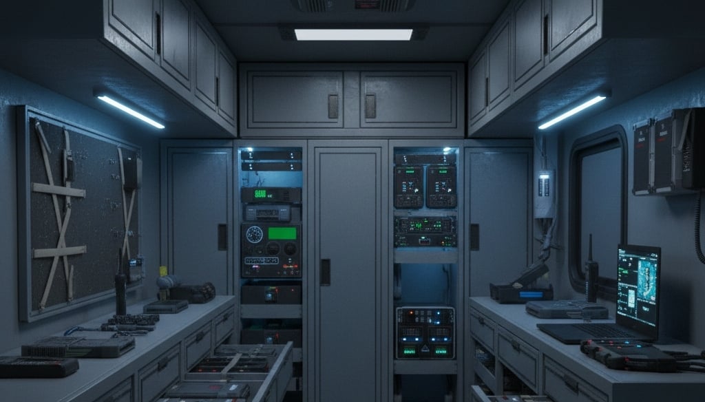  Custom storage solutions inside a mobile command unit for field equipment