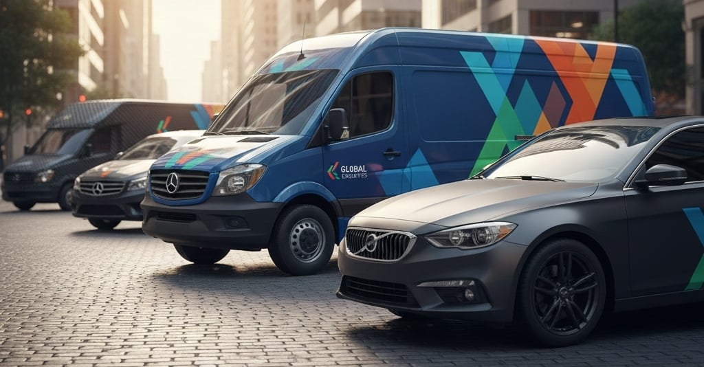 Fleet of vehicles showcasing matte, gloss, satin, and textured wraps for cohesive brand identity