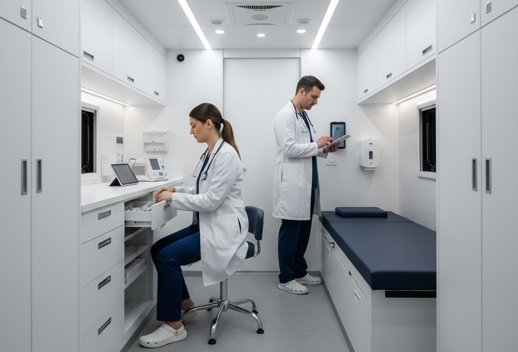  Modern mobile medical vehicle interior with ergonomic design, modular cabinets, and hygienic surfaces