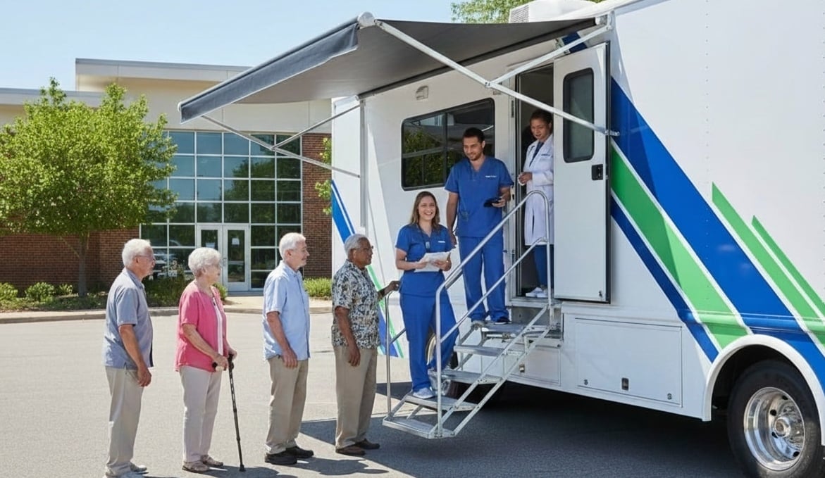 Mobile audiometric vehicle providing hearing screenings at a community outreach event