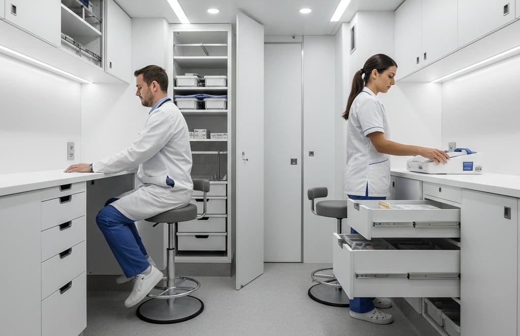  Modular mobile medical unit interior with movable partitions, adjustable seating, and integrated storage