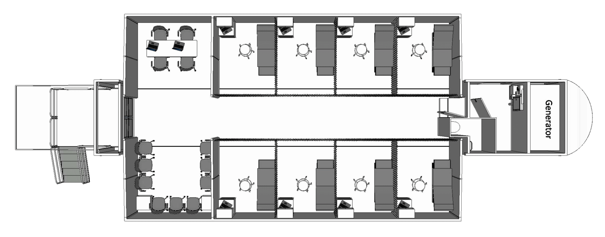Overhead floor plan rendering of a double-expandable mobile medical clinic trailer, showing a conference room, multiple private exam rooms with beds and desks, a waiting area, and an external generator compartment.