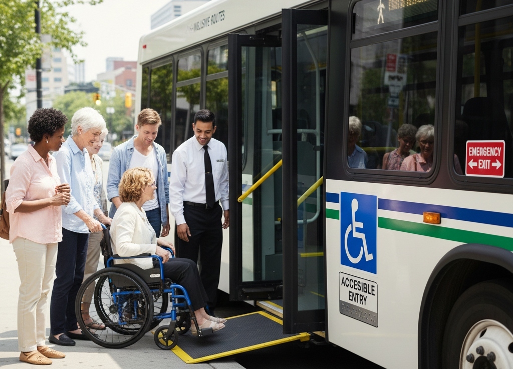 Shuttle bus with ADA signage at ramp and emergency exit points guiding passengers with disabilities.
