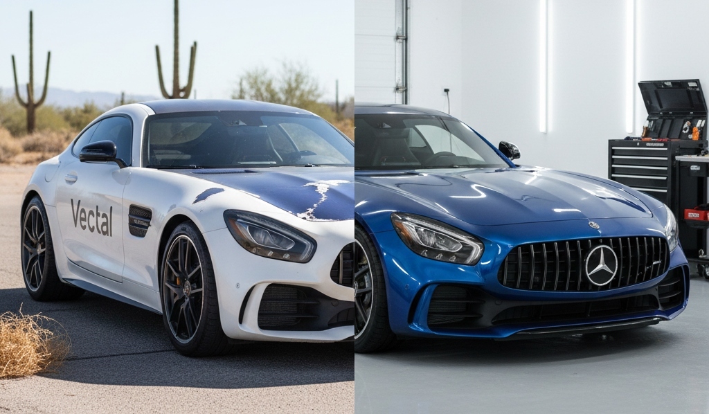 Side-by-side comparison of sun-damaged vinyl wrap versus garage-kept vehicle wrap in good condition.
