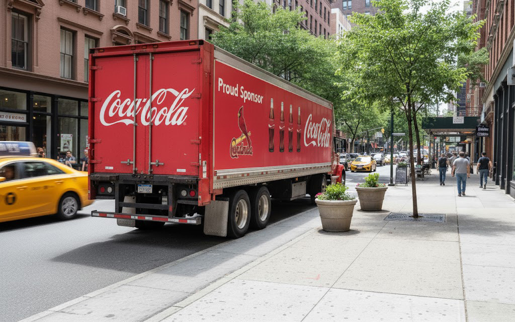 Corporate fleet graphics on a delivery truck showcasing consistent national branding and high daily impressions.