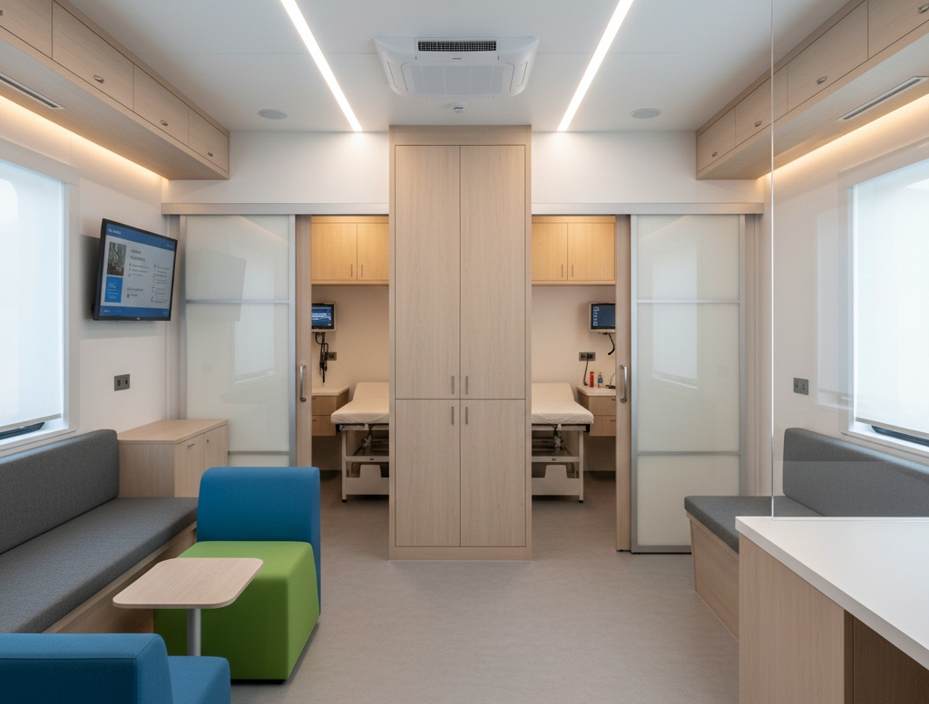 Mobile clinic interior with family seating, exam area, and clear zoning for children.