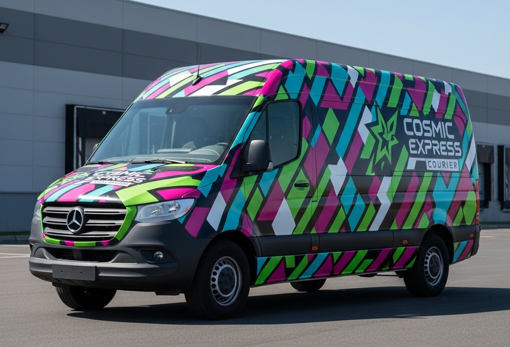 Commercial van with a complete full wrap showcasing bold branding on all surfaces.