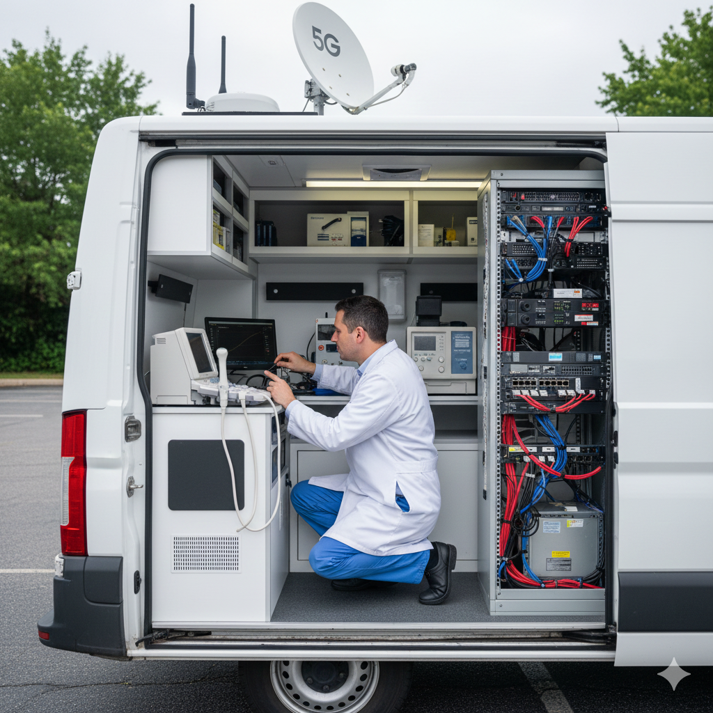 Calibration and testing of medical equipment inside mobile healthcare vehicle