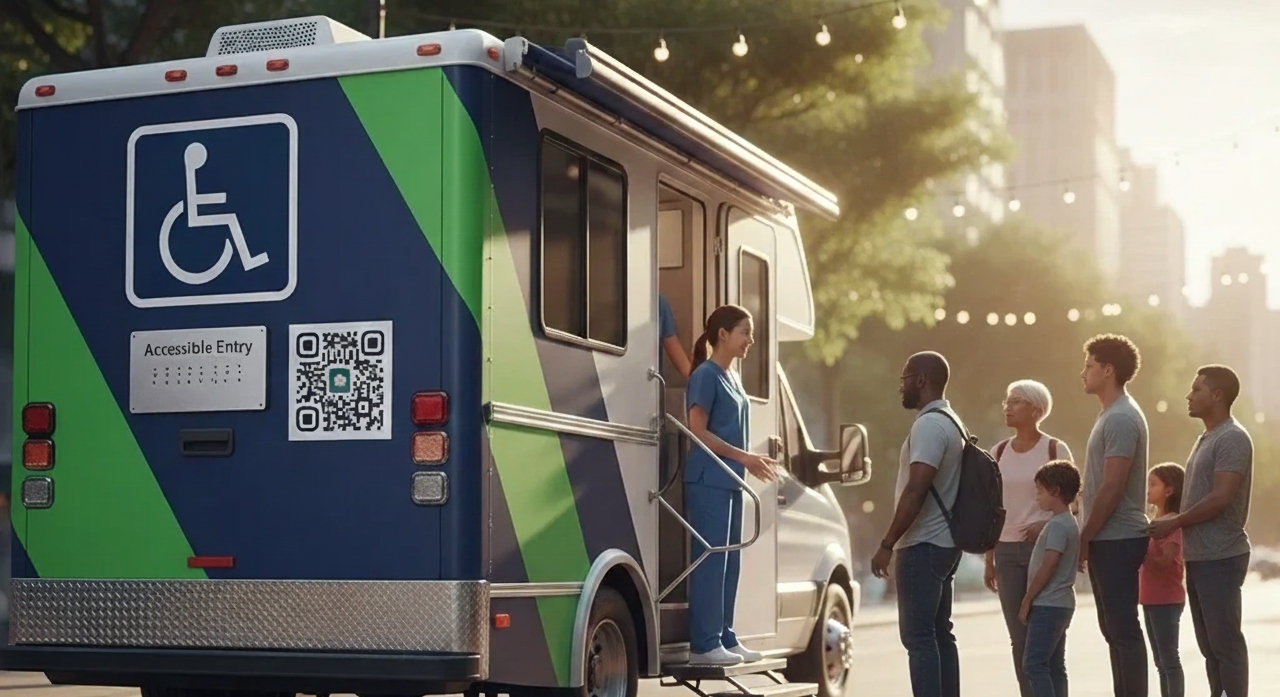 The rear of a blue and green mobile health clinic showing an "Accessible Entry" sign with braille and a large QR code for digital assistance. A healthcare worker stands at the side door greeting a diverse family of five waiting on a city street at sunset.