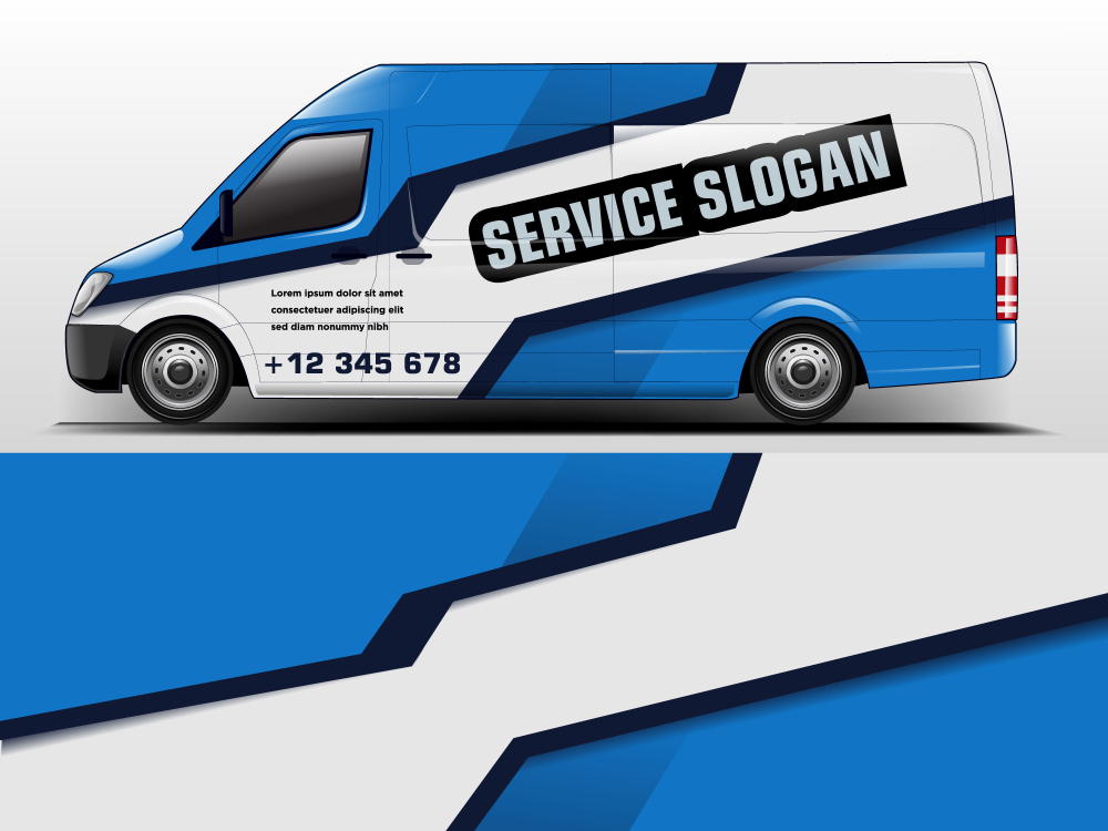 Side profile of a white commercial cargo van with a blue and black custom graphic wrap mockup, a service slogan, contact number, and space for business information.