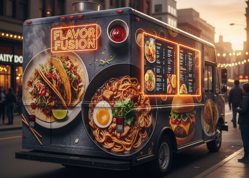 Food truck with hyperrealistic vinyl wrap graphics showcasing vivid food images.