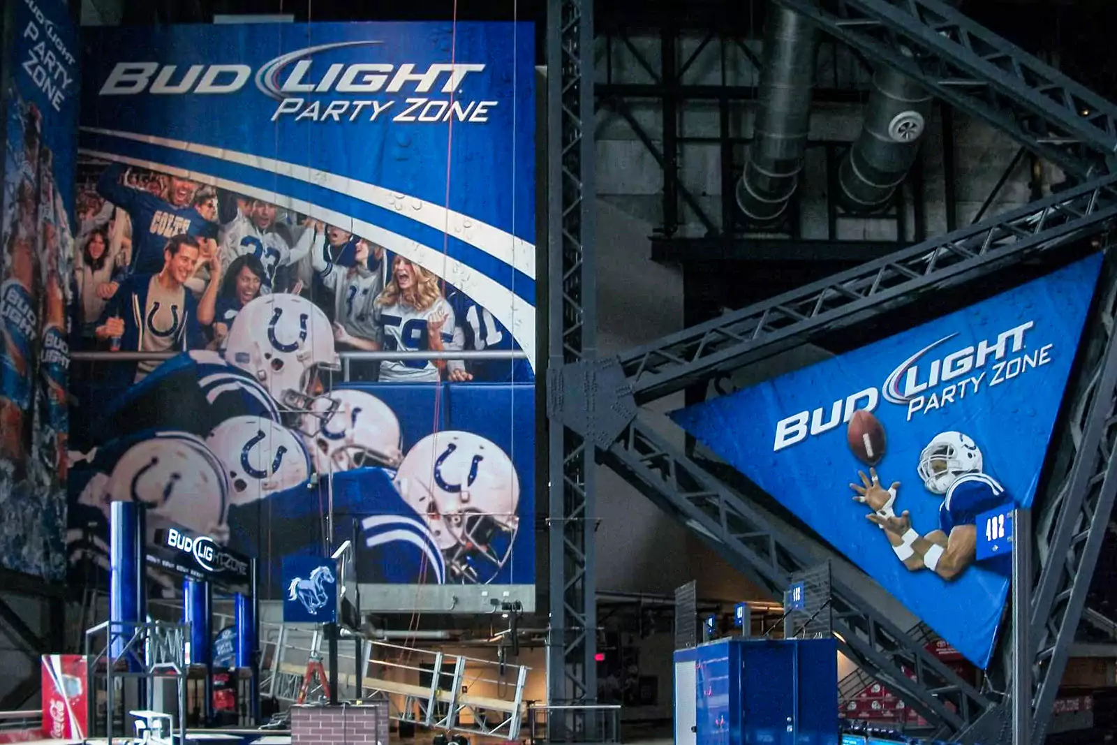 Large-scale blue and white stadium graphics promoting the 
