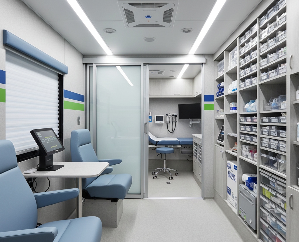 Interior layout of a mobile medical clinic with exam room, intake space, and organized storage.