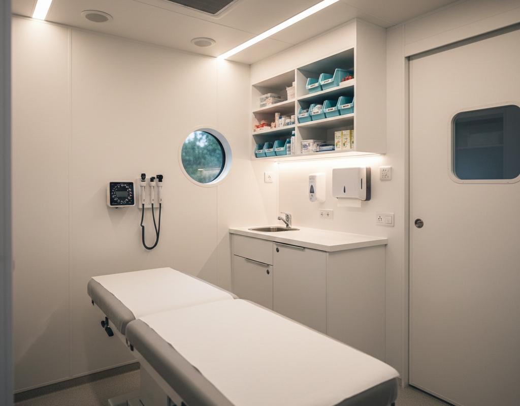 Interior layout of a mobile medical vehicle with exam room and integrated medical equipment