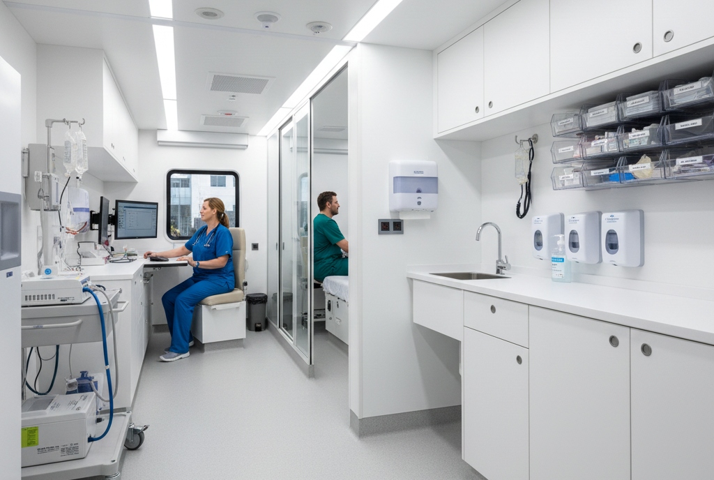Hospital-operated mobile medical unit with clinical staff providing on-site healthcare services