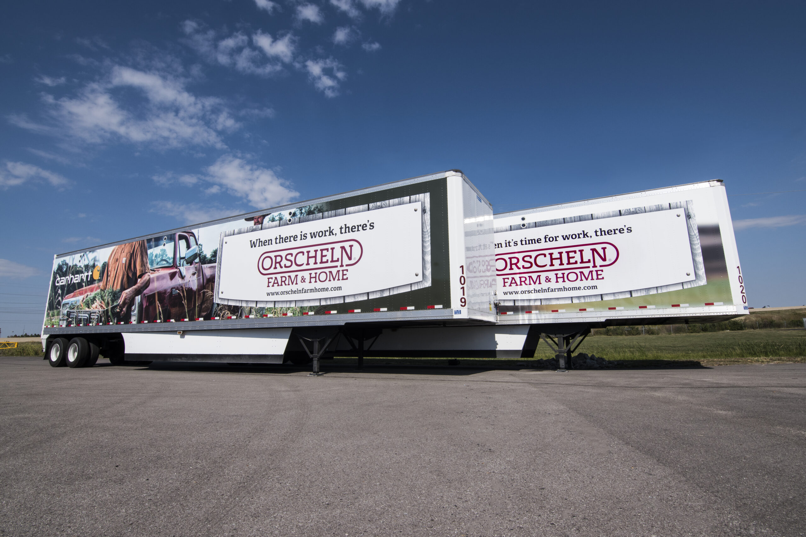 Semi-trailer truck with a full-coverage Orscheln Farm & Home graphic wrap featuring lifestyle images and the company logo, demonstrating agricultural retail fleet graphics for product marketing and brand recognition.