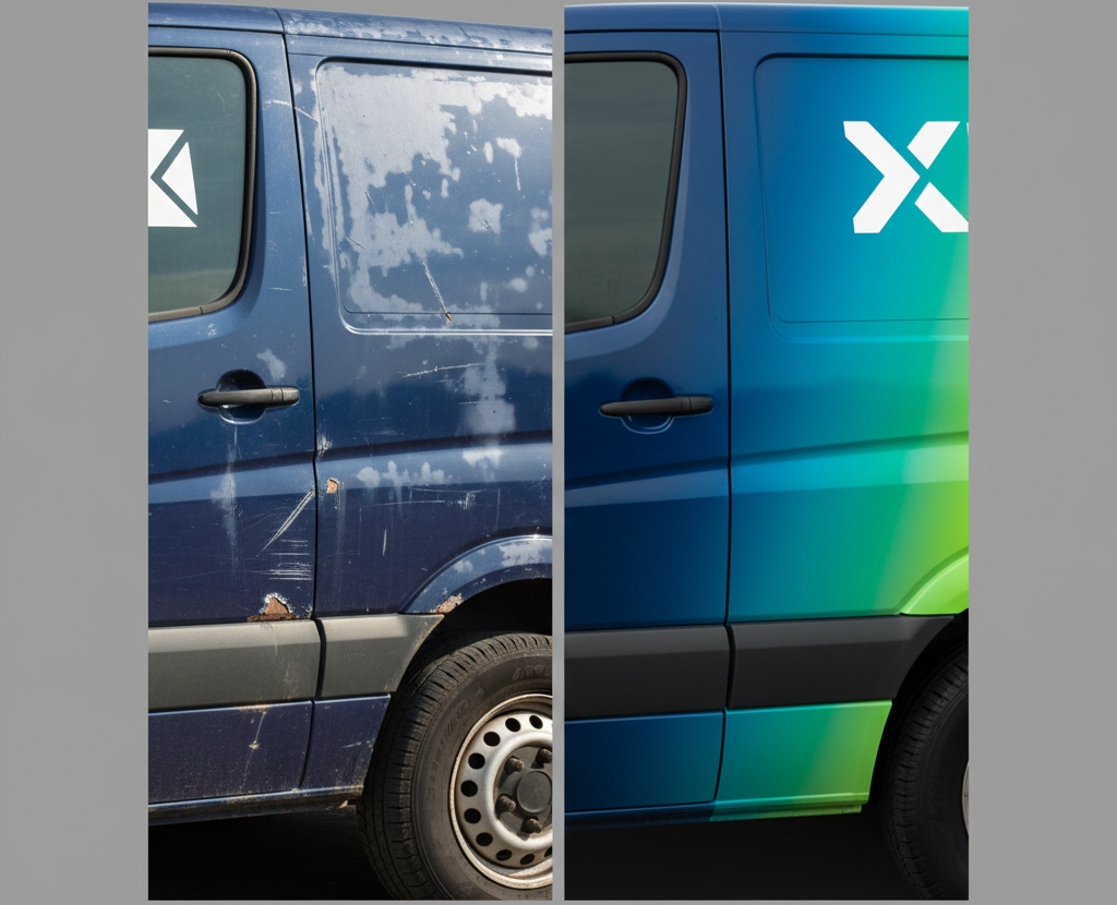 Side-by-side comparison of faded automotive paint versus durable vinyl vehicle wrap.