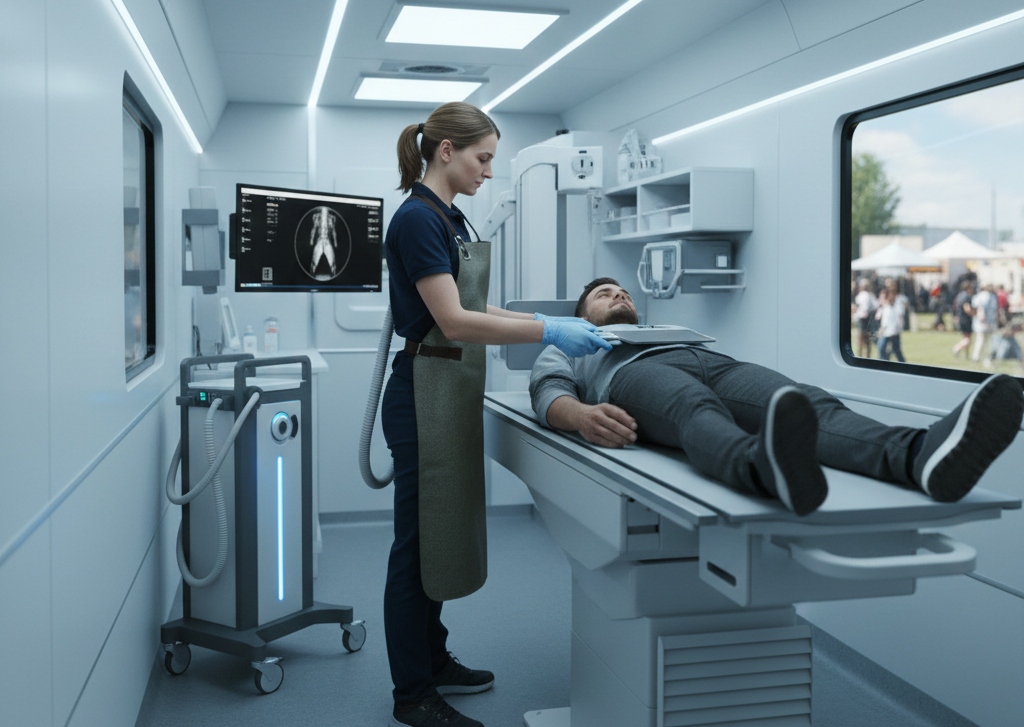 Portable digital X-ray system being operated inside a mobile medical trailer.